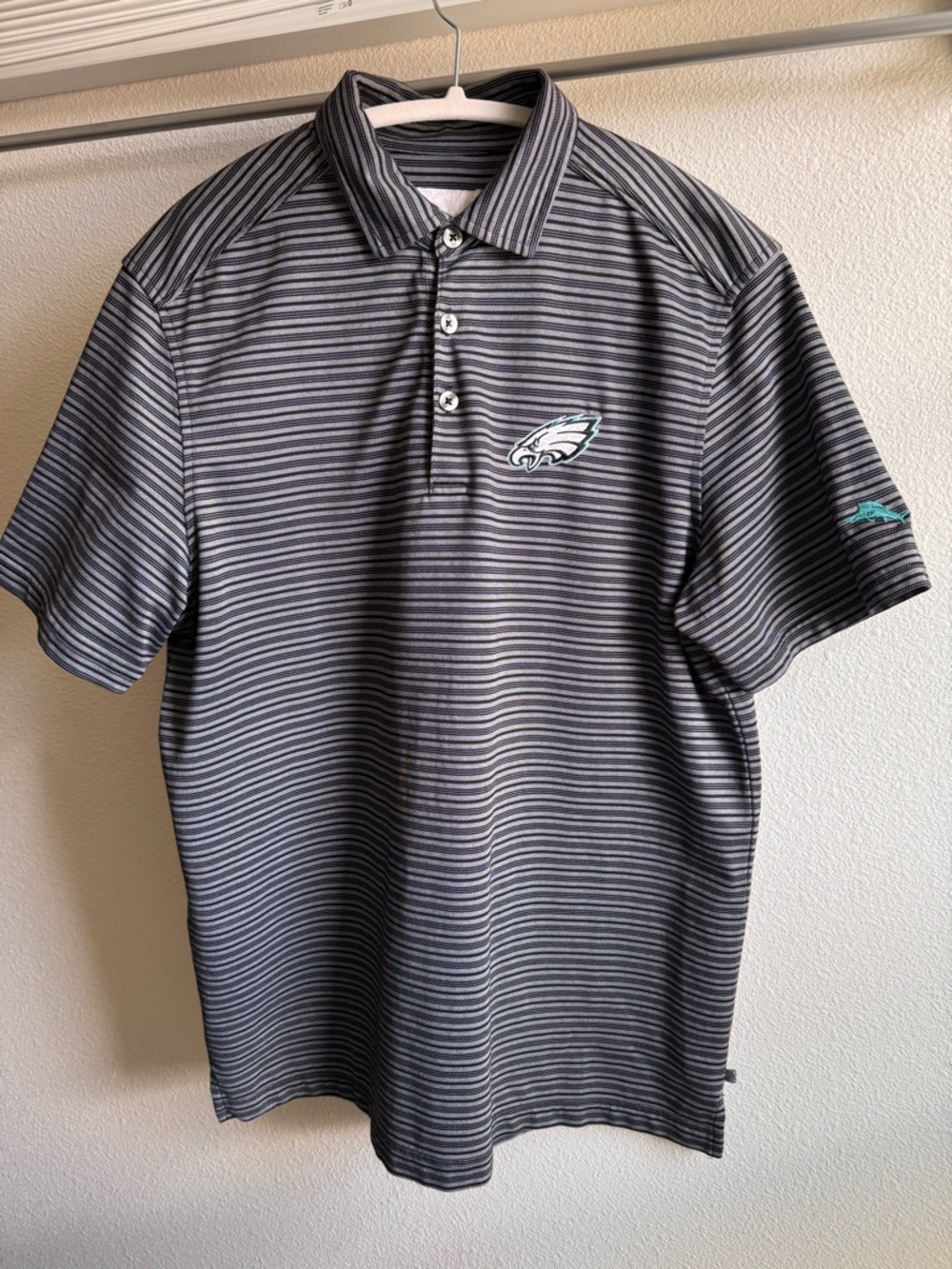 Tommy Bahama Gray and Black Striped Polo with Eagles Logo size small
